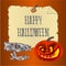 Happy Halloween inscription of bones scary skull and pumpkin orange holiday background vector illustration editable