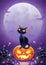 Happy Halloween invitation. Holiday trick or treat poster. Cartoon black cat on face pumpkin and bat on the full moon background