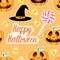 Happy Halloween jackolantern seamless pattern. Jack lantern with easy and Candy corn. Vector illustration isolated on