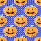 Happy Halloween jackolantern seamless pattern. Jack lantern pumpkin with black fishnet tights. Vector illustration