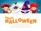 Happy Halloween Kids Costume Party. Group of children in Halloween cosplay with big signboard. Template for advertising brochure.