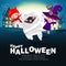 Happy Halloween Kids Costume Party. Group of children in Halloween cosplay. Template for advertising brochure.