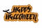 Happy Halloween lettering. Orange sticker with black word with bats. Isolated quote. Hand drawn Vector halloween