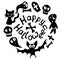 Happy Halloween-lettering and round frame with holiday characters-cat, zombie, bones, skulls, bat, ghosts. Festive border,