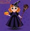 Happy Halloween. Little girl witch and pumpkin card