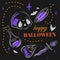 Happy Halloween, magic set, potion bottle, skull, dagger, doodle