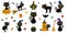 Happy Halloween. Mega set of black cat with yellow eyes in different poses with a pumpkin, on a broomstick, in a hat of a witch an