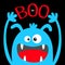 Happy Halloween. Monster head blue silhouette. Eyes, ears, teeth fang, tongue, hands up. Boo text. Hanging spider. Cute cartoon