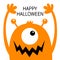 Happy Halloween. Monster head orange silhouette. One eye, teeth fang mouth, horns, hands up. Cute kawaii cartoon funny character.