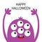 Happy Halloween. Monster head violet silhouette. Six eyes, teeth, tongue, hands up. Cute kawaii cartoon funny character. Baby kids