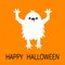 Happy Halloween. Monster screaming spooky fluffy silhouette. Eyes, tongue, teeth, hands up. Yeti bigfoot fur. White Funny Cute
