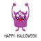 Happy Halloween. Monster violet silhouette icon. Three eyes, teeth fang, horns, boo hands up. Cute kawaii cartoon funny character