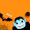 Happy Halloween. Monsters. Dracula - funny spooky vampire. Trick or treat. Bat, spider, web. Space for text. Boo. Orange