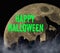 Happy Halloween moon with a wild wolf howling in front of it