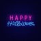 Happy Halloween neon neon light lettering. Night bright signboard. Editable stroke. Isolated vector illustration