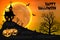 Happy Halloween night background with haunted scary house and full moon