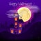 Happy Halloween night background with haunted scary house and full moon