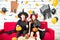 Happy Halloween party concept. Young man and woman wearing as vampires, witch or ghost celebrate the halloween festival