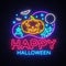 Happy Halloween Party design template vector. Halloween greeting card, Light banner, neon style, night bright