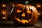 Happy Halloween party Jack O Lantern orange pumpkin scary spooky creepy carving evil smile angry face glowing. Trick