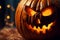 Happy Halloween party Jack O Lantern orange pumpkin scary spooky creepy carving evil smile angry face glowing. Trick