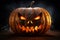 Happy Halloween party Jack O Lantern orange pumpkin scary spooky creepy carving evil smile angry face glowing. Trick