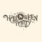 Happy Halloween Party  logo with and a pretty Witch flies on a broomstick.