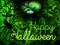 Happy Halloween party poster with lettering,doll ghosts,bats and spider,green background