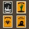 Happy Halloween Postage Stamps with hand of the risen dead zombie, spider, grave, cemetery, halloween cartoon symbol