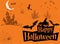 Happy Halloween. Postcard or invitation to the party. Template for advertising brochure. Halloween concept in orange color castles