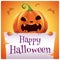 Happy Halloween poster with angry evil pumpkin with parchment on orange background. Happy Halloween party.