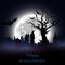 Happy Halloween poster. Background with spooky graveyard, naked tree, graves, bats and hanged man silhouette