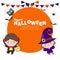 Happy halloween poster, Cute Little Dracula Vampire and witch holding pumpkin kids in Halloween cosplay trick or Treating
