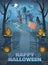HAPPY HALLOWEEN POSTER. Haunted House with gate, pumpkins