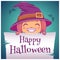 Happy Halloween poster with little girl in costume of witch with parchment on dark blue background. Happy Halloween