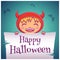 Happy Halloween poster with little kid in costume of devil with parchment on dark blue background. Happy Halloween party