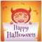 Happy Halloween poster with little kid in costume of devil with parchment on orange background. Happy Halloween party.