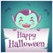 Happy Halloween poster with little kid in costume of vampire with parchment on dark blue background. Happy Halloween