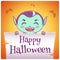 Happy Halloween poster with little kid in costume of vampire with parchment on orange background. Happy Halloween party.