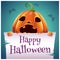 Happy Halloween poster with scared pumpkin with parchment on dark blue background. Happy Halloween party.
