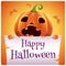 Happy Halloween poster with scared pumpkin with parchment on orange background. Happy Halloween party.