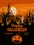 Happy Halloween poster, scary smiles pumpkins, night cemetery, haunted dark castle, ghost, witch, black cat, full Moon