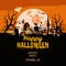 Happy Halloween poster, scary smiles pumpkins, night cemetery, haunted house, ghost, witch, black cat, full Moon. Vector