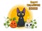 Happy Halloween pumpkin, cat, skull, candle. Concept cartoon Halloween day elements. Vector clipart illustration