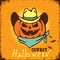 Happy Halloween Pumpkin cowboy with western hat and bandanna. Vector printable illustration with cowboy halloween text.