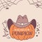 Happy Halloween Pumpkin cowboy western hat. Vector printable illustration with Howdy cowboy text on card background