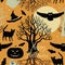 Happy Halloween, pumpkins, bats and cats. Black tr