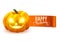 Happy Halloween realistic pumpkin and a ribbon message isolated