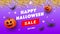 Happy Halloween sale banner with orange pumpkins, ghost balls, gold glitter serpentine on a lilac background
