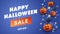 Happy Halloween sale banner scary face orange pumpkins, gold coins, bats and gold glitter elements on a blue background. Template